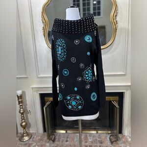 Victoria Jones Vintage Beaded Sweater Black Turquoise M‎ Embellished Boho Glam